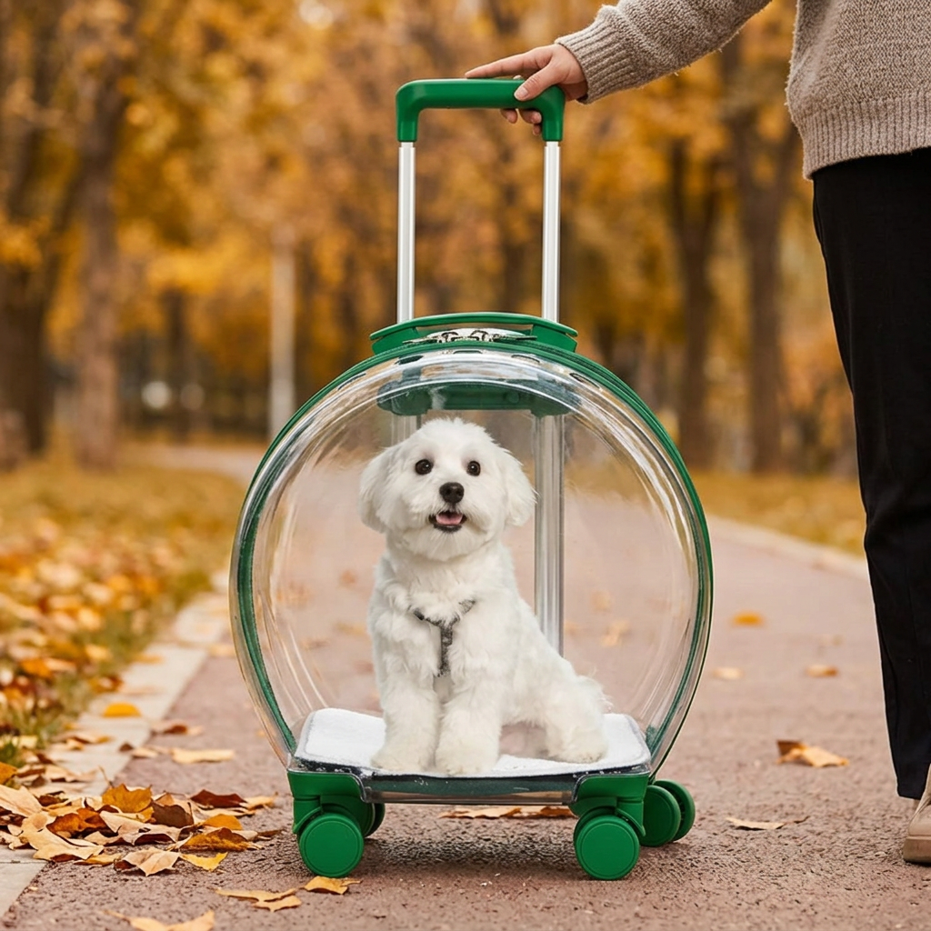 Green bubble pet carrier on an autumn park path