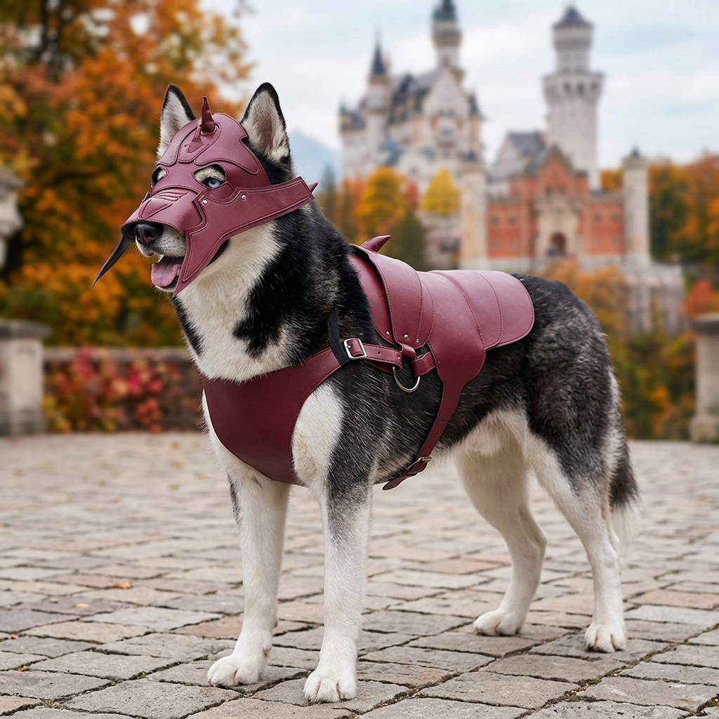Husky wearing the burgundy fantasy armor costume in an autumn courtyard