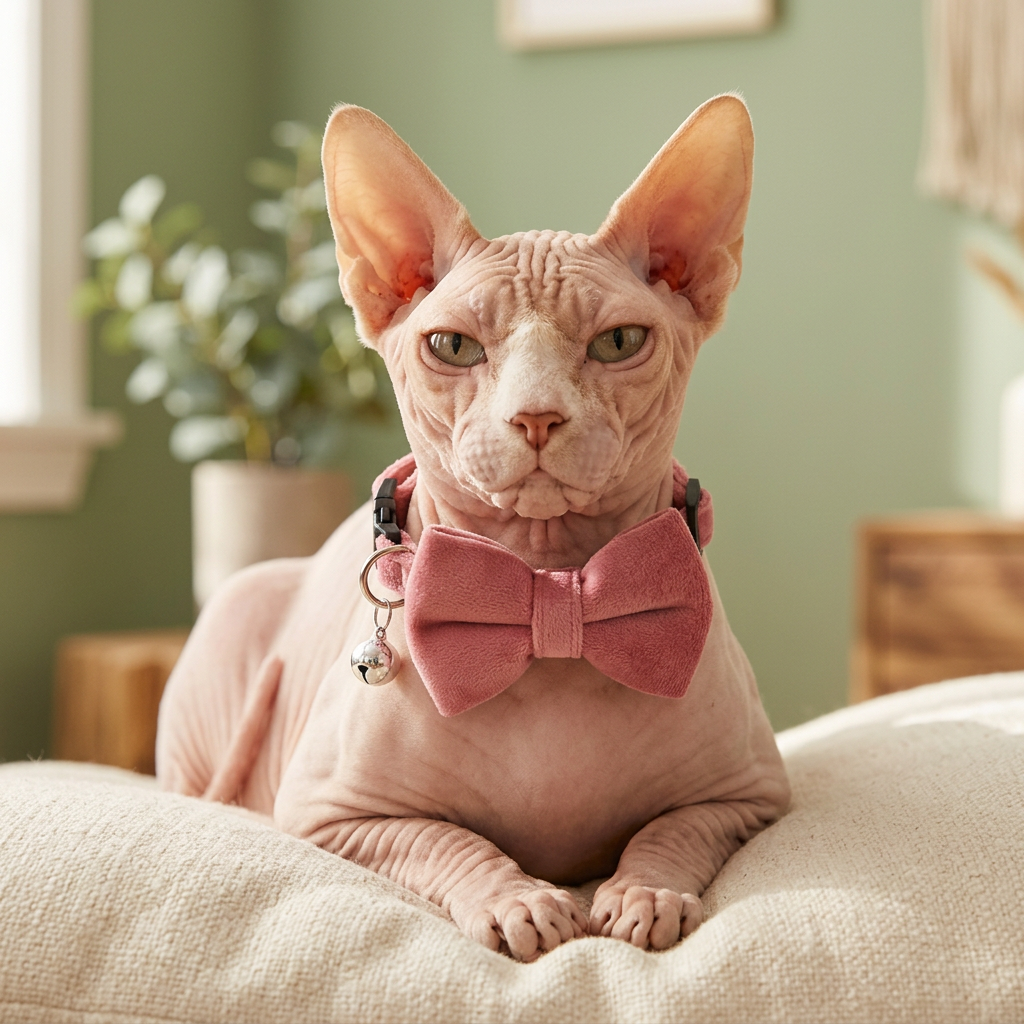 AI-generated styling illustration of a Sphynx cat wearing the pink velvet bow-tie collar with silver-tone bell
