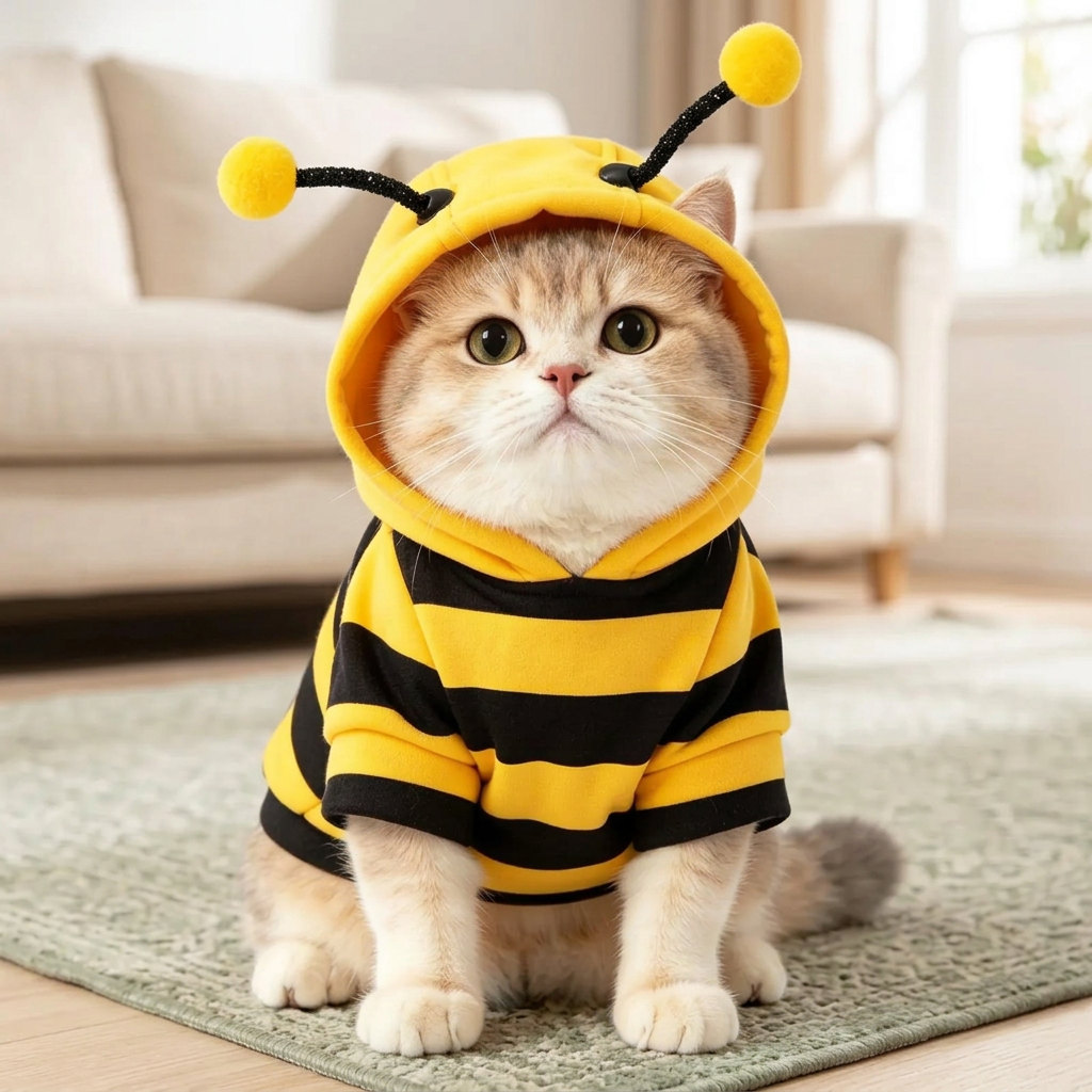 Kitty in a bee hoodie with a warm living-room background