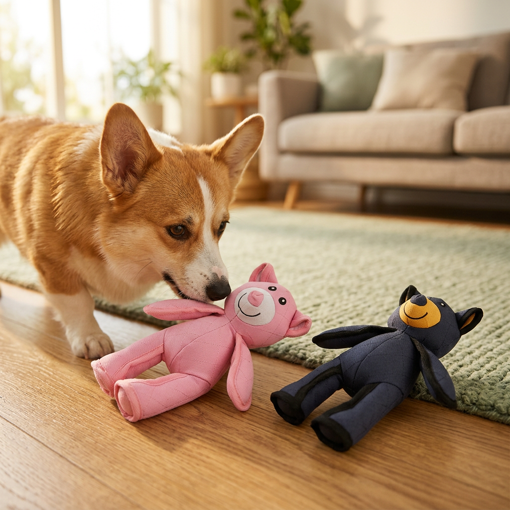 Pink and navy squeaky bear toys with a curious Corgi in a cozy home