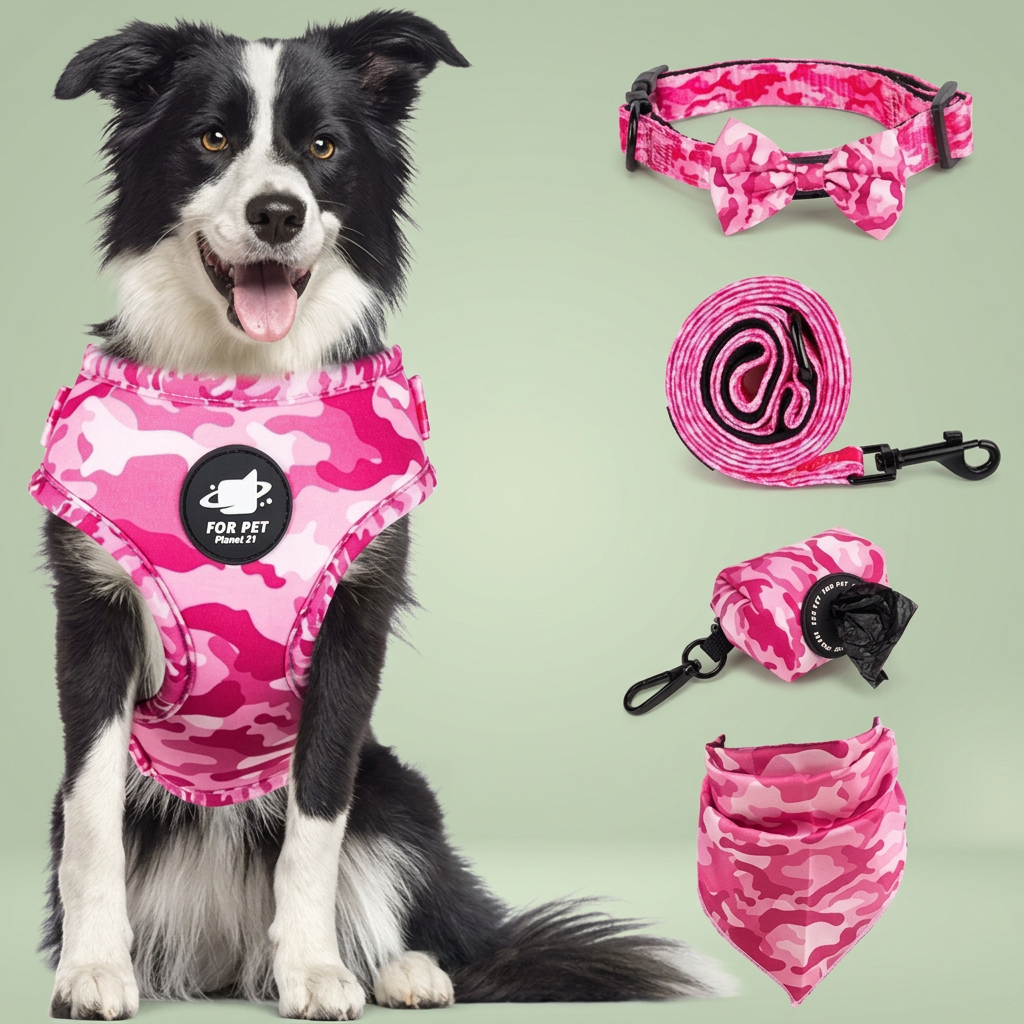 Pink camouflage harness set on a soft sage background