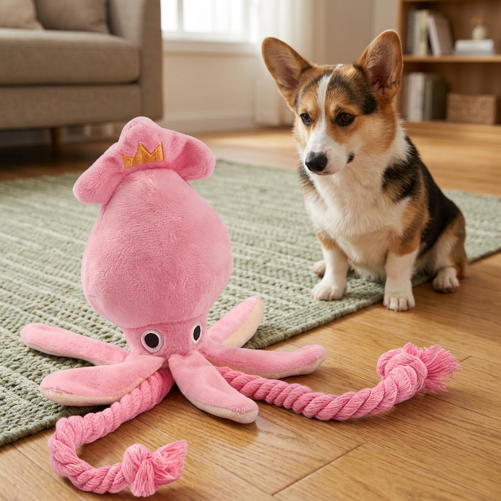 Pink octopus dog toy and Corgi in a cozy home setting