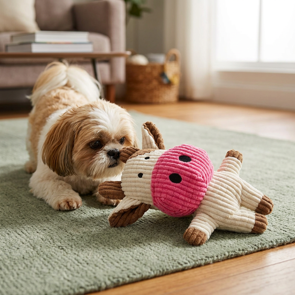 Plush cow dog toy with a Shih Tzu in a cozy home