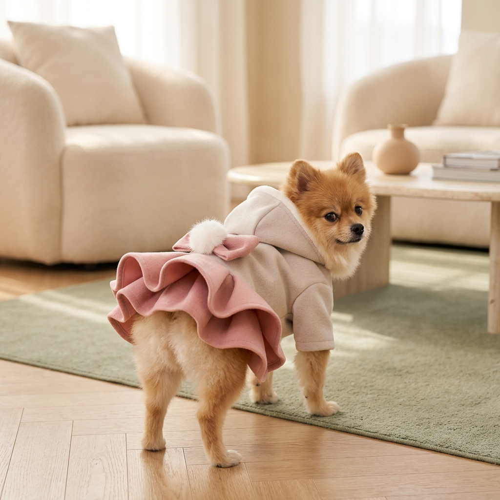 Pomeranian modeling the pink hooded dress with pom-pom bow and tiered skirt