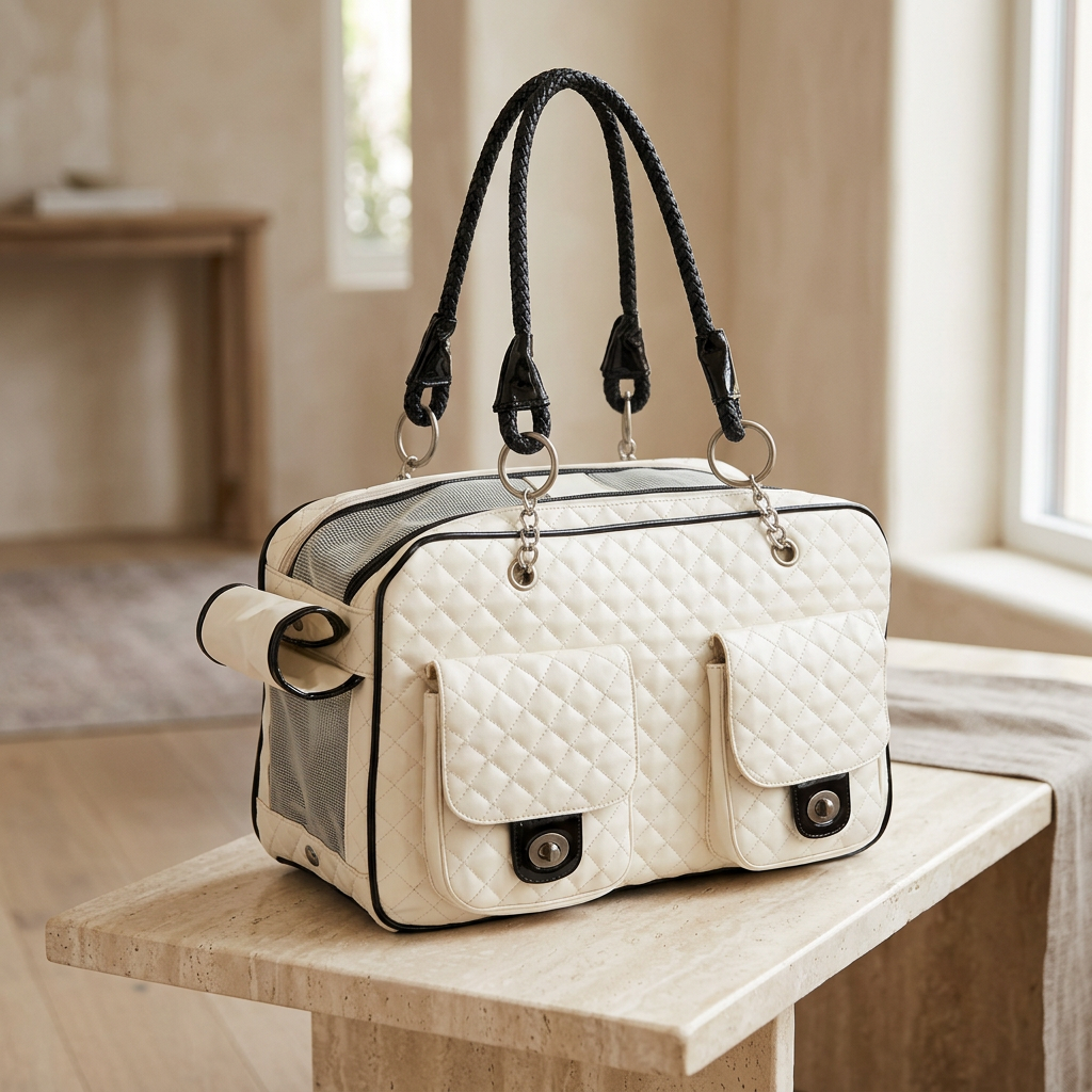 Quilted pet carrier in a bright neutral entryway