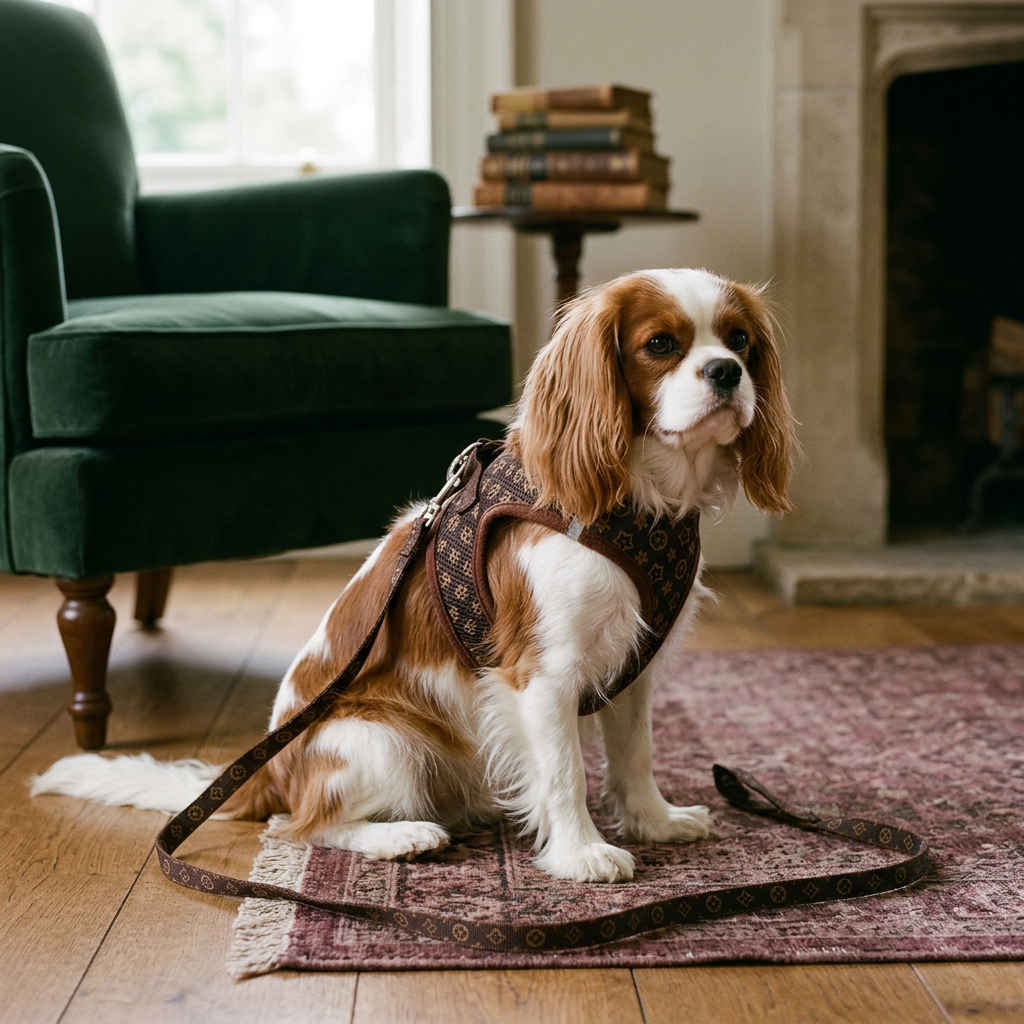 Regal Cavalier wearing the brown patterned harness in an elegant sitting room