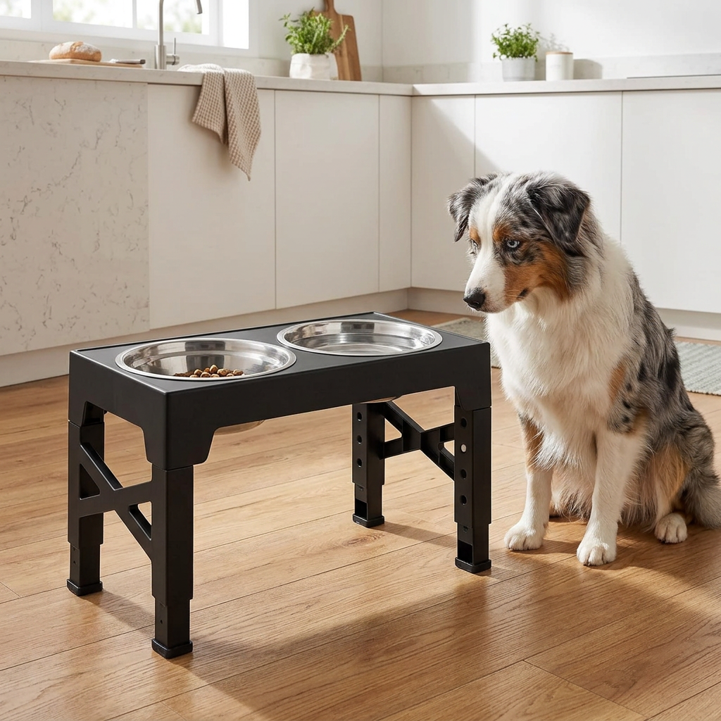 Replacement lifestyle image for the adjustable dog feeder