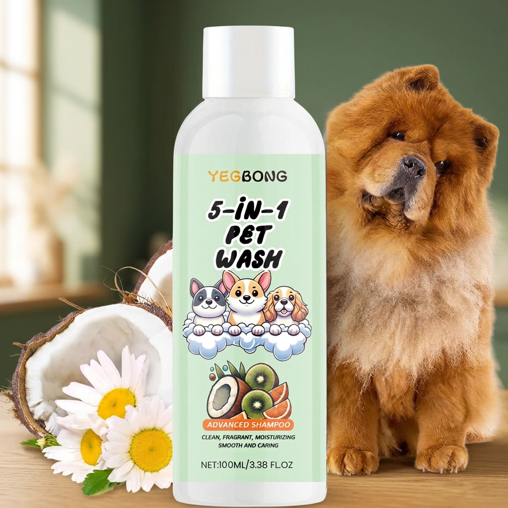 Shampoo image with a sage-green background and warm oak surface