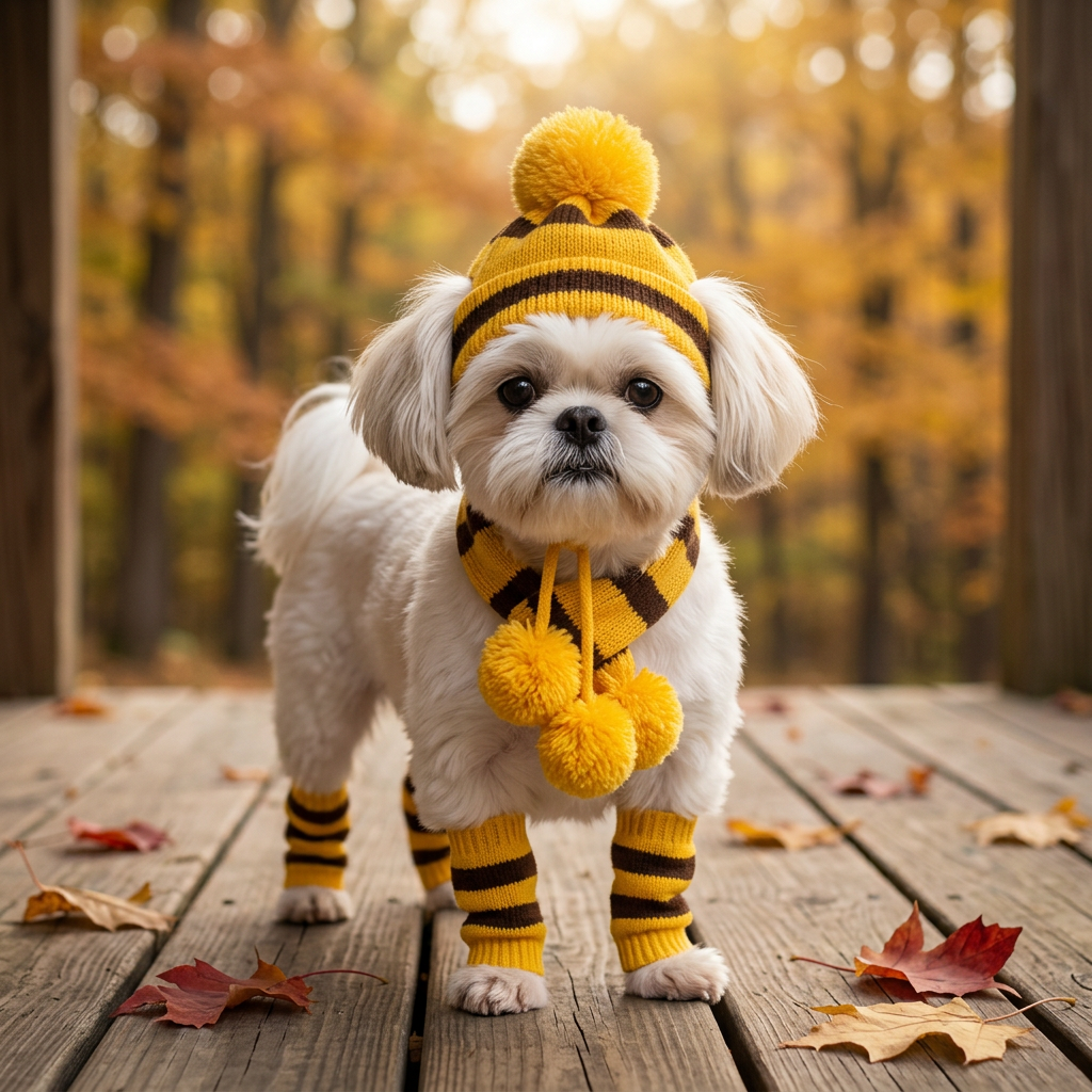 Shih Tzu wearing yellow striped knit accessories on an autumn porch