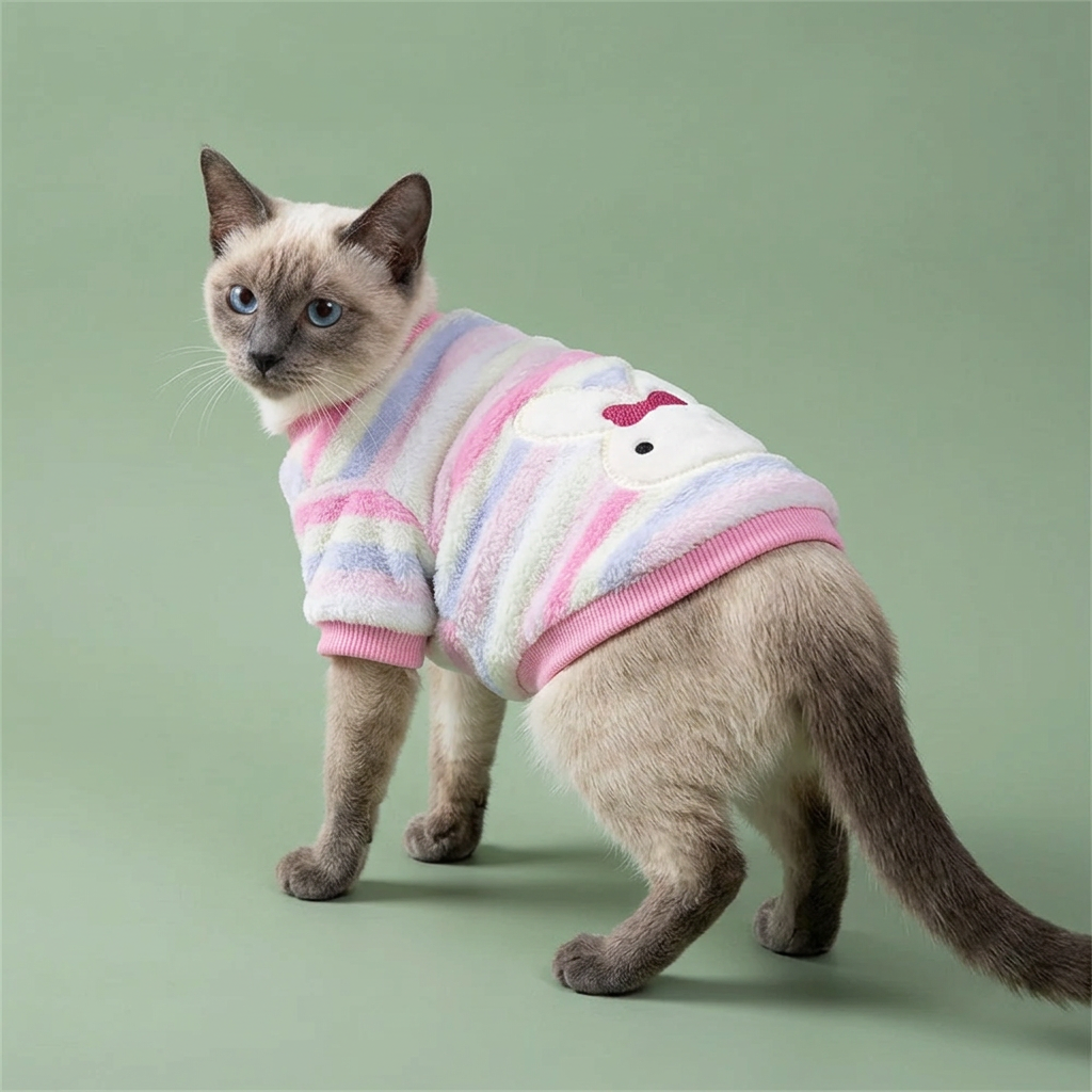 Siamese cat modeling the pastel bunny fleece sweater
