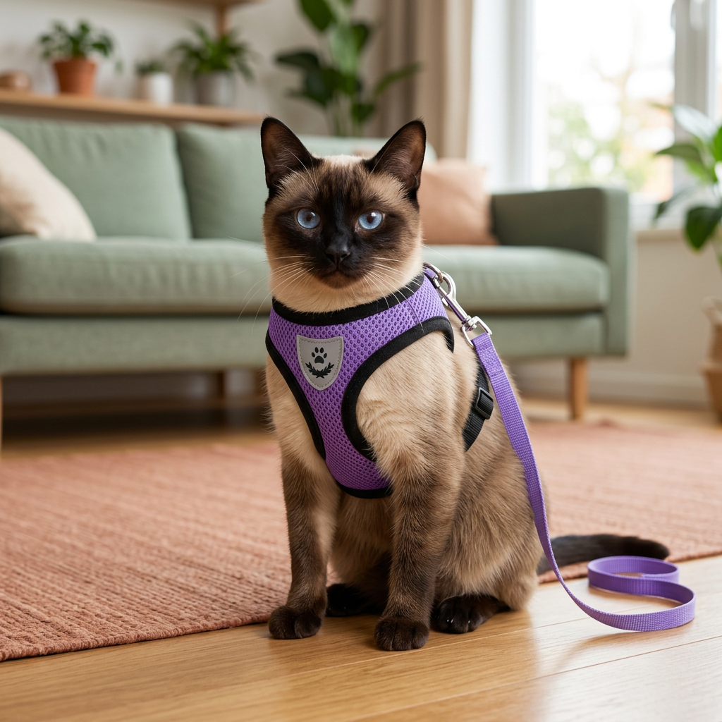 Siamese cat wearing the purple harness in a warm living-room setting