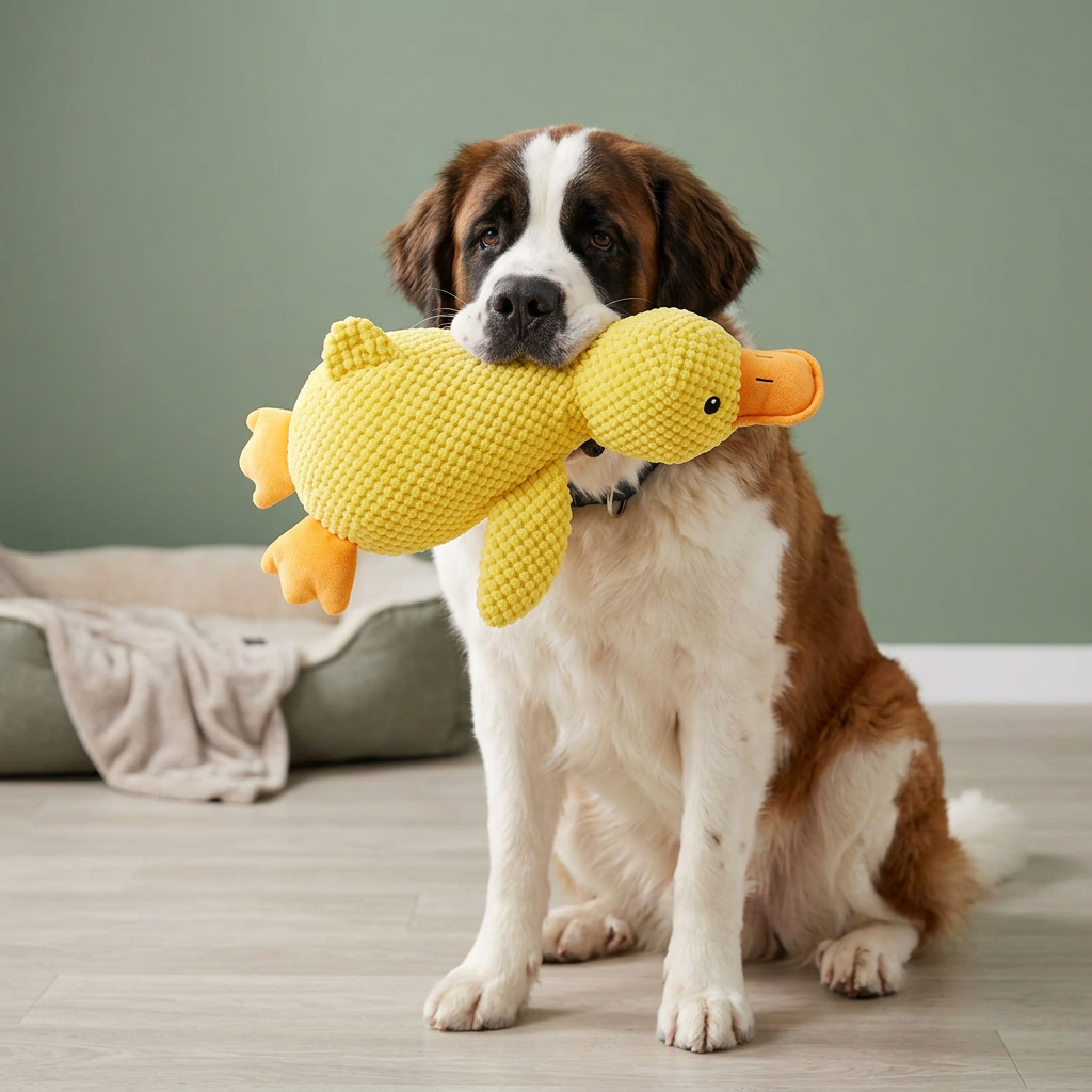 St. Bernard gently holding the yellow plush duck in a soft sage setting
