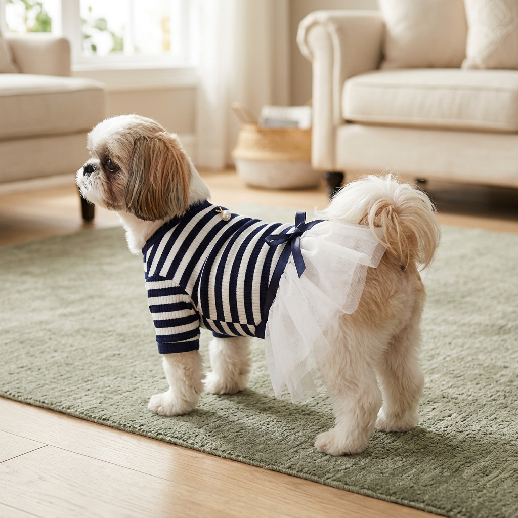 Striped tutu pet dress on a Shih Tzu in a softly lit living room