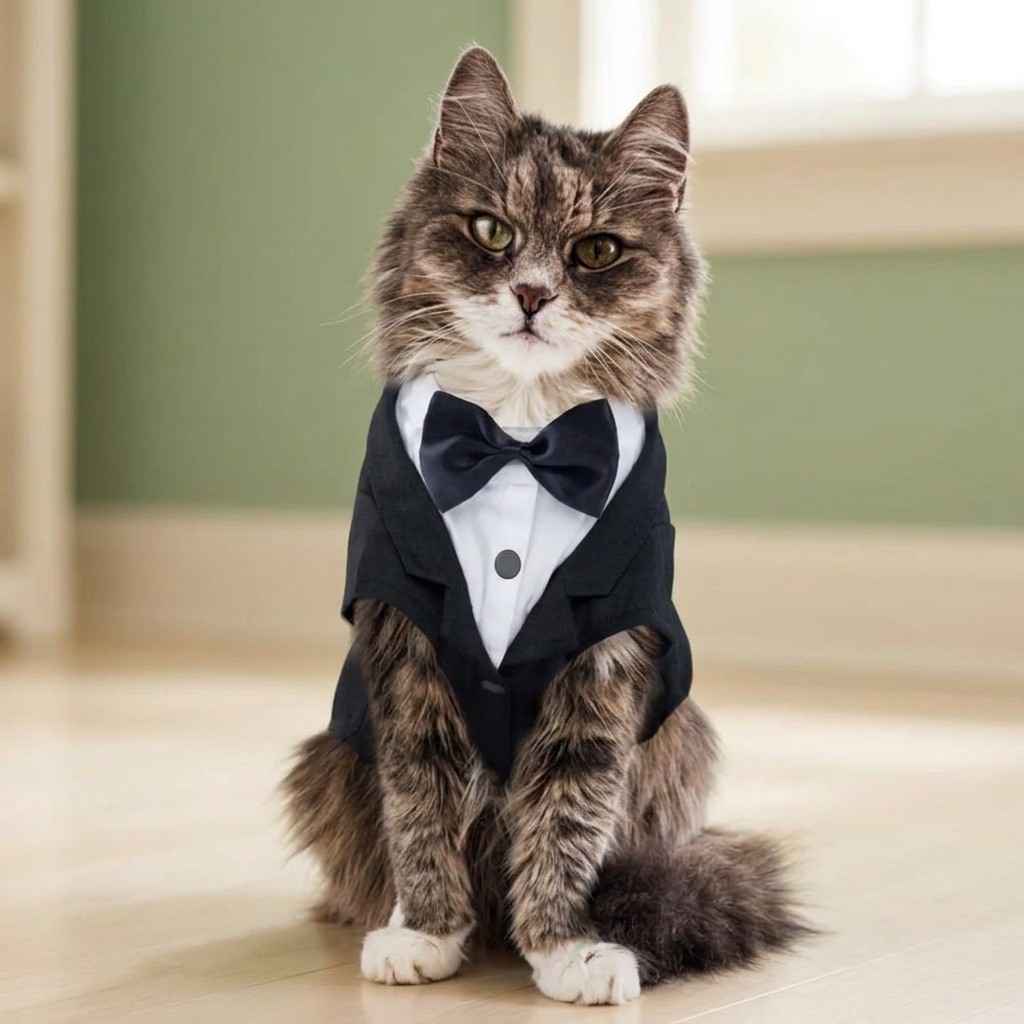 Tabby cat in a black tuxedo in a soft sage setting