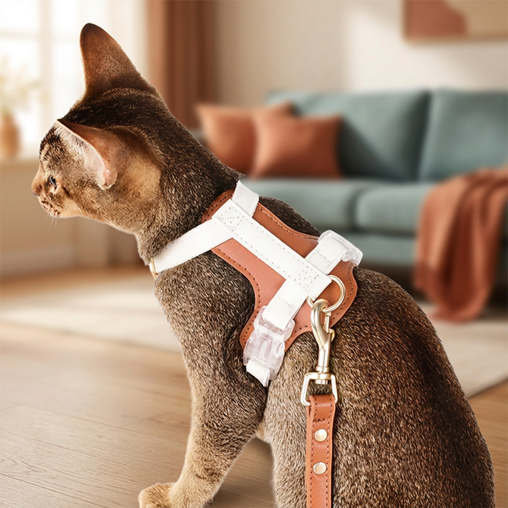 Tabby cat wearing the harness in a warm living room