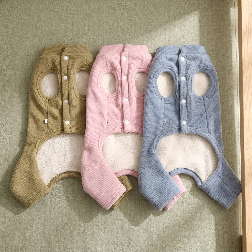 Three plush-lined pet jumpsuits on a warm sage linen background