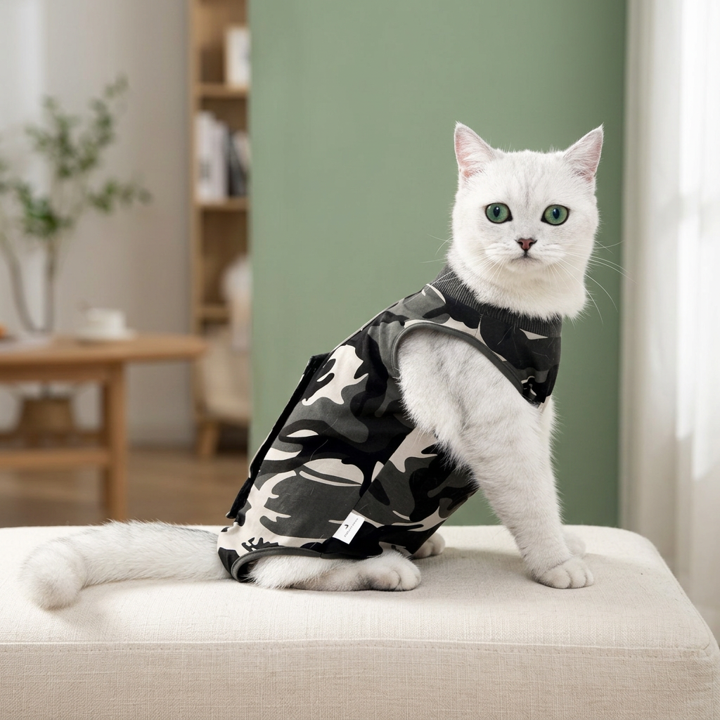 White cat in the camouflage suit with a soft sage setting